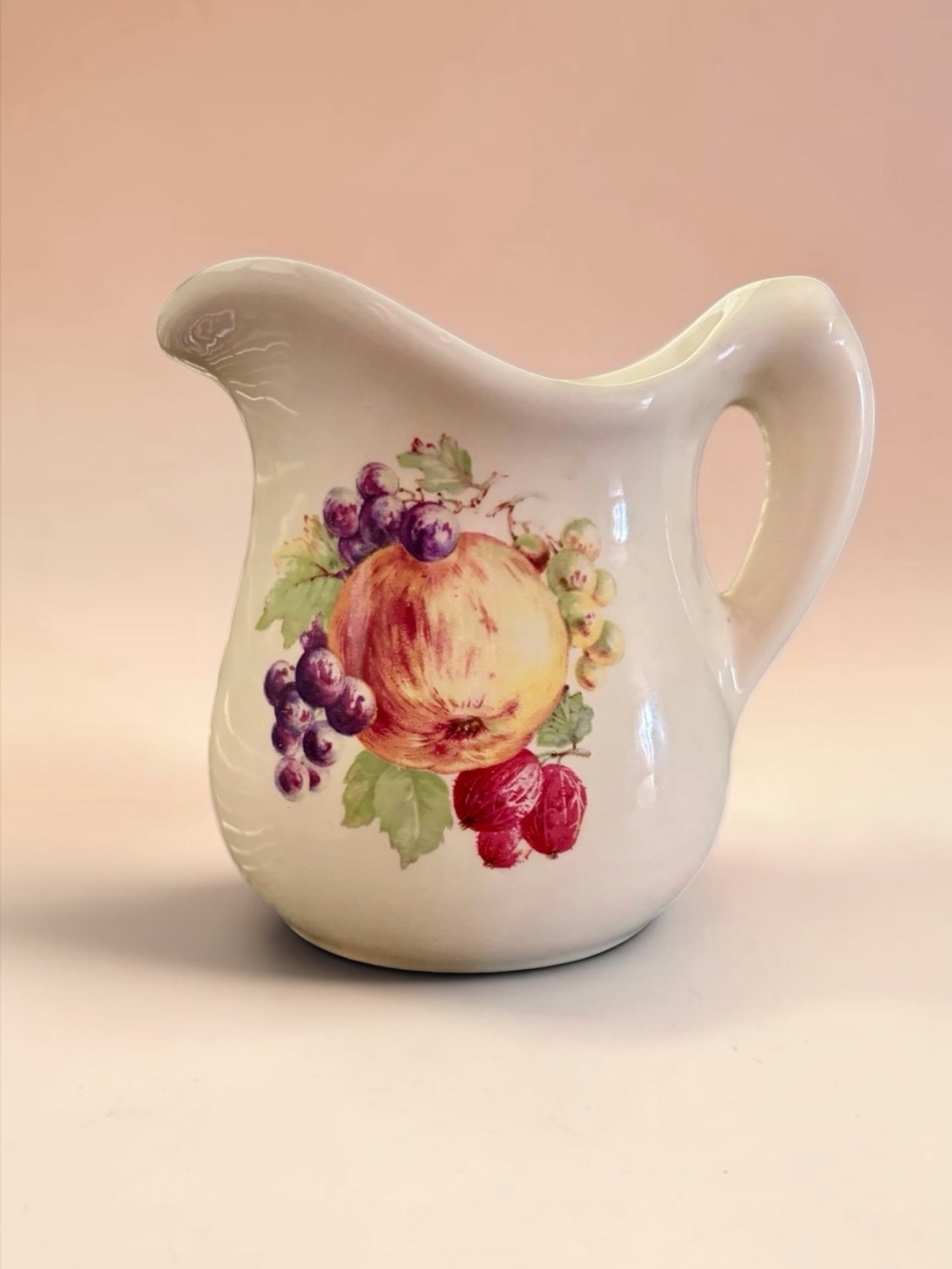 Vintage Ceramic Fruit Pitcher with Peach and Grapes Motif